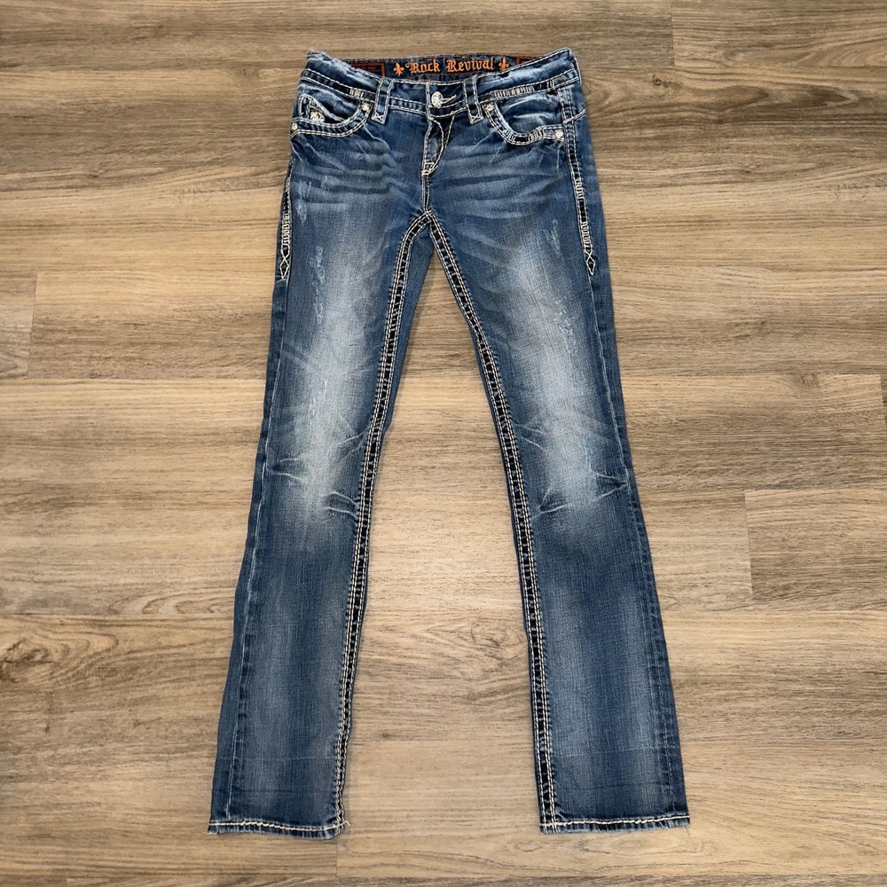 Rock Revival‎ Adele Straight Jeans Size 27 Distressed Medium Wash Y2K Denim